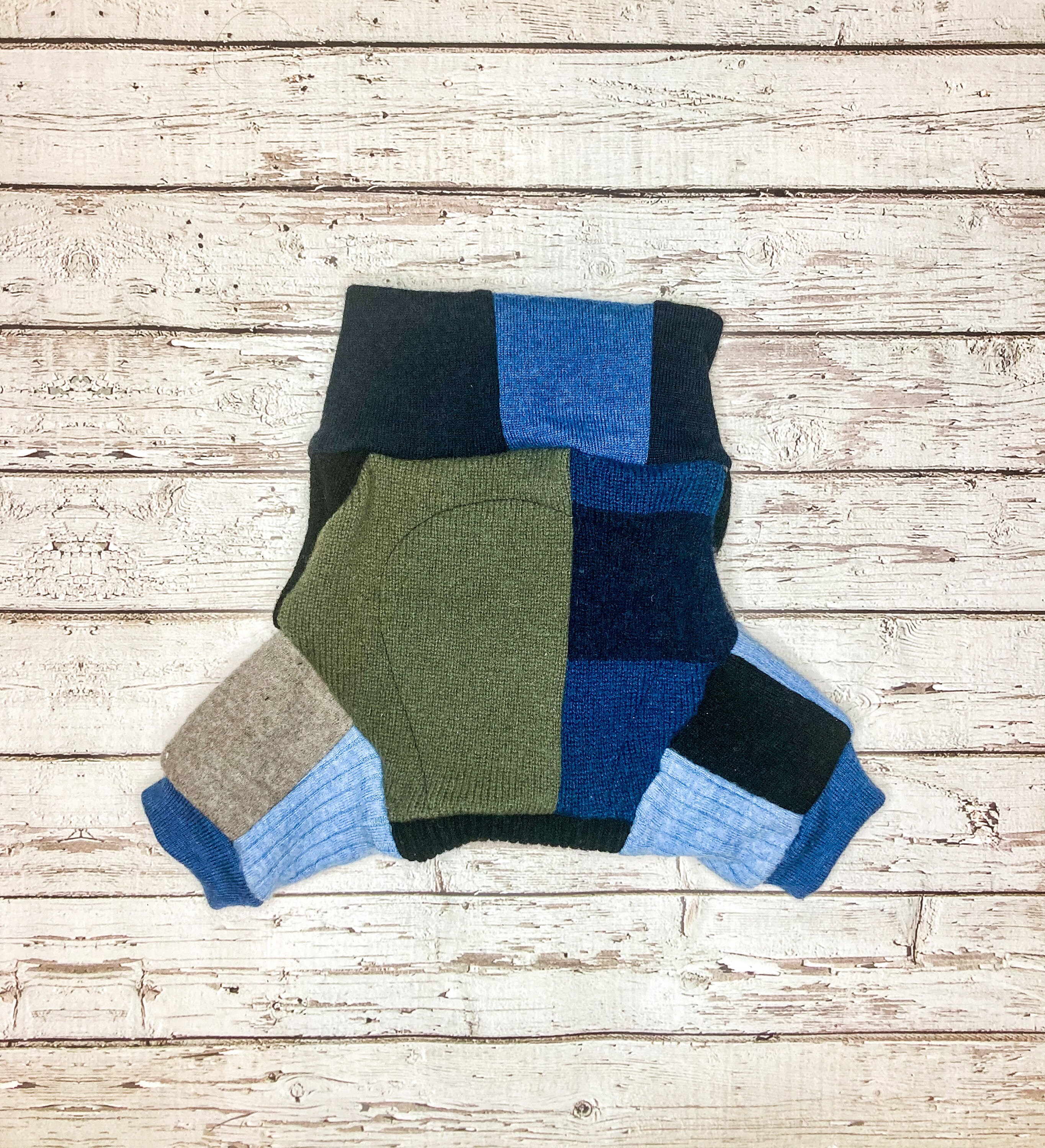 Upcycled Wool Diaper Cover Shorties: Blue Green Patchwork, Size Medium