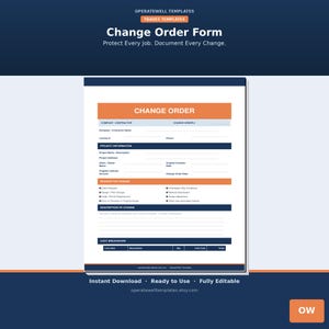 May include: A printable Change Order Form template featuring a dark blue and orange color scheme. The document includes sections for company information, project details, reasons for change, a description of the change, and a cost breakdown table.