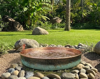 Hand-Hammered Copper Bird Bath | Verdigris Patina Garden Bowl, Rustic Outdoor Decor