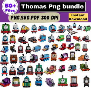May include: A digital collection of over 50 Thomas the Tank Engine character illustrations. The bundle includes various train designs in multiple colors, featuring faces on the front. Text includes Thomas Png bundle, 50+ Files, and PNG.SVG.PDF 300 DPI.