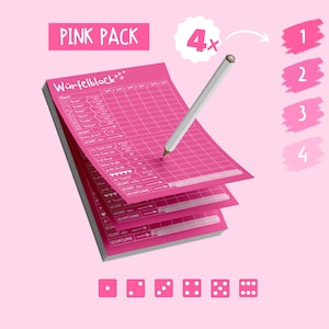 Può includere: Un blocco segnapunti rosa intitolato Würfelblock con una griglia per il monitoraggio del gioco, accompagnato da una matita. Il set include quattro varianti chiamate bright pink, bubblegum, blush petal e sugar kiss. Il blocco è formato DIN A5, 14,8 x 21,0 cm.