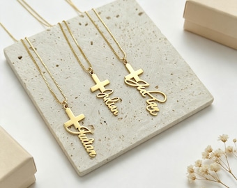 925 Sterling Silver Custom Cross Name Necklace, Personalized Cursive Script Name Cross Pendant Dainty Box Chain Faith Jewelry Gift For Women