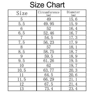 May include: A black and white ring size chart featuring a table with three columns labeled Size, Circumference (mm), and Diameter (mm). The table lists numerical values for ring sizes ranging from 5 to 13, including half sizes, with corresponding measurements.