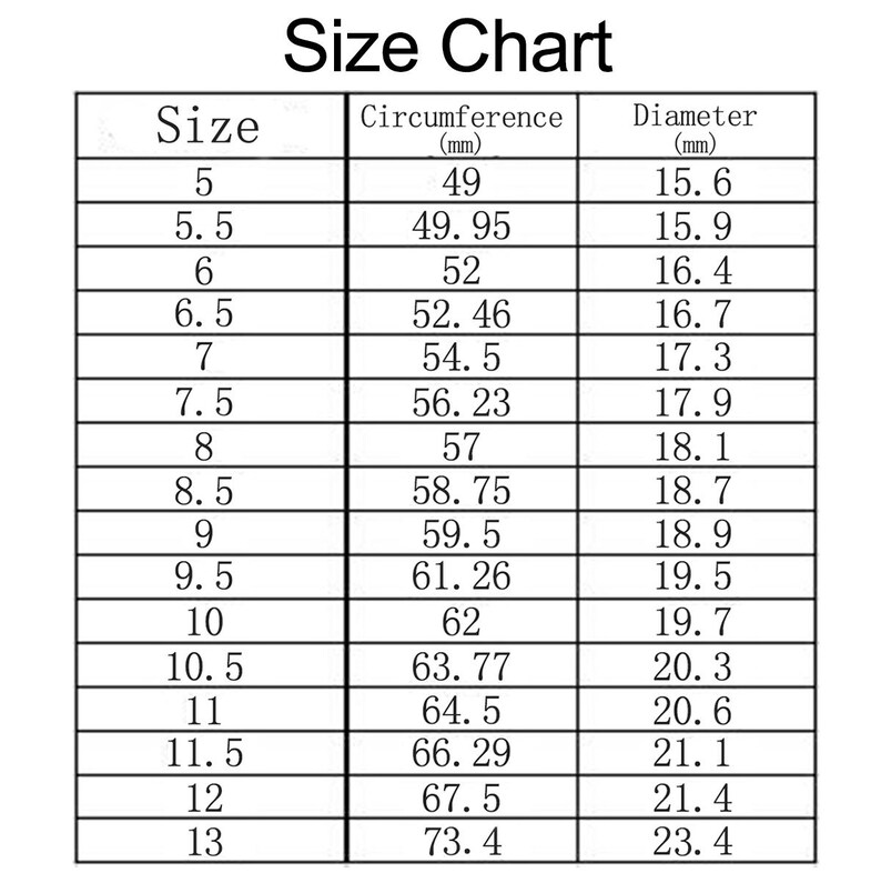 May include: A black and white ring size chart featuring a table with three columns labeled Size, Circumference (mm), and Diameter (mm). The table lists numerical values for ring sizes ranging from 5 to 13, including half sizes, with corresponding measurements.