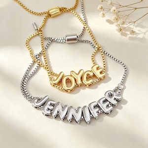 18K Gold Plated Puffy Bubble Letter Custom Name Bracelet, Adjustable Slider Box Chain Waterproof Balloon Name Wristband Personalized Jewelry