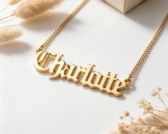 925 Sterling Silver Gothic Name Necklace, Custom Old English Font Name Pendant Necklace, Personalized Dainty Cuban Chain Jewelry Gift