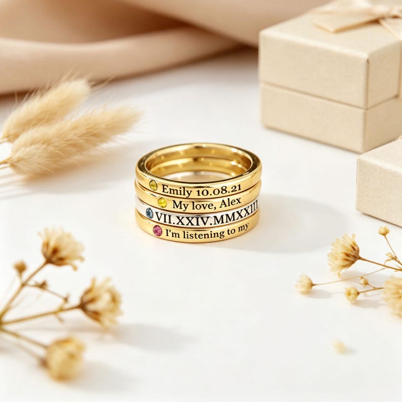 May include: A stack of four metal rings featuring gold and silver tones. Each ring is engraved with text including Emily 10.08.21, My love, Alex, VII.XXIV.MMXXIII, and I'm listening to my. The rings are accented with small yellow, blue, and pink stones.