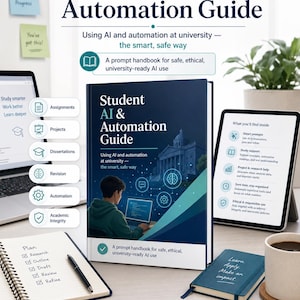 May include: A dark blue book titled Student AI & Automation Guide featuring an illustration of a student at a computer. The cover includes the subtitle Using AI and automation at university—the smart, safe way and a prompt handbook description.