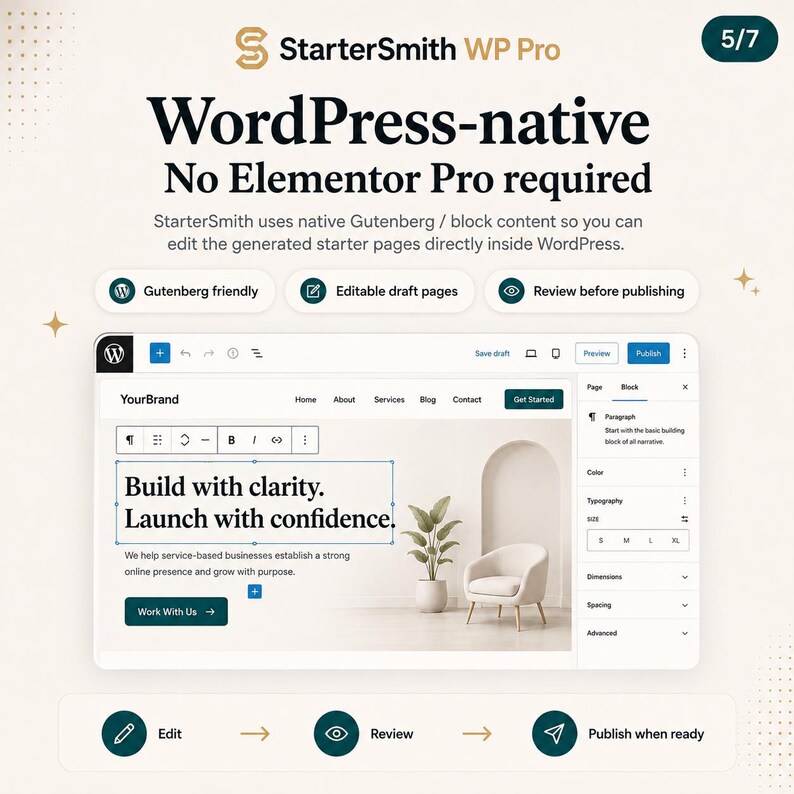 May include: StarterSmith WP Pro software interface showing WordPress-native block editing. The screen displays a website builder with text reading Build with clarity. Launch with confidence. Features include Gutenberg friendly, editable draft pages, and review before publishing options.