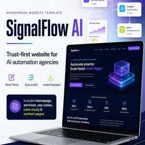 May include: A SignalFlow AI WordPress website template displayed on a laptop screen. The design features a dark theme with purple and blue accents, showcasing automation workflows, performance metrics, and service pages for AI automation agencies.