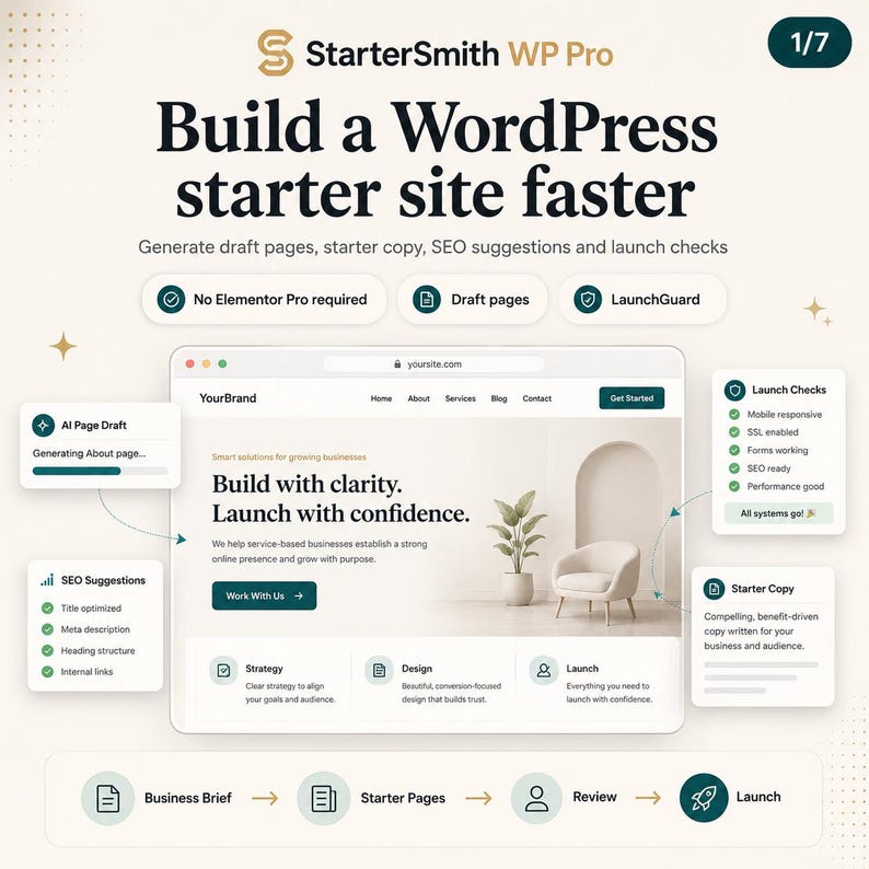 May include: A digital interface for StarterSmith WP Pro displaying a website builder tool. The screen shows a landing page with the text Build with clarity. Launch with confidence. Features include AI page drafts, SEO suggestions, and launch checks.
