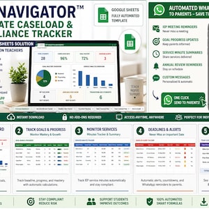 May include: IEP Navigator digital Google Sheets template for special education teachers. Features an executive dashboard, automated WhatsApp messaging for parents, goal tracking, service minute monitoring, and deadline alerts with a team caseload view.