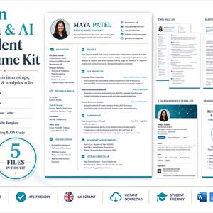 Puede incluir: Un kit de currículum digital para estudiantes de ciencia de datos que incluye un CV de una página, un CV de dos páginas, una carta de presentación, una plantilla de perfil de LinkedIn y una guía ATS. Documentos blancos con detalles en azul.