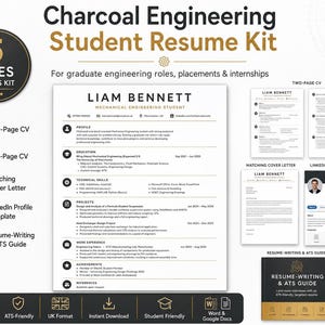 May include: A Charcoal Engineering Student Resume Kit featuring a one-page CV, two-page CV, matching cover letter, LinkedIn profile template, and a resume-writing and ATS guide. The documents include text for Liam Bennett, a mechanical engineering student.