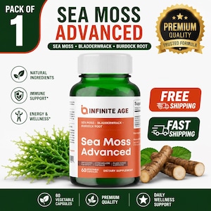May include: A green plastic bottle of Infinite Age Sea Moss Advanced dietary supplement capsules. The label features orange and white text, listing sea moss, bladderwrack, and burdock root. It contains 60 vegetable capsules for daily wellness.