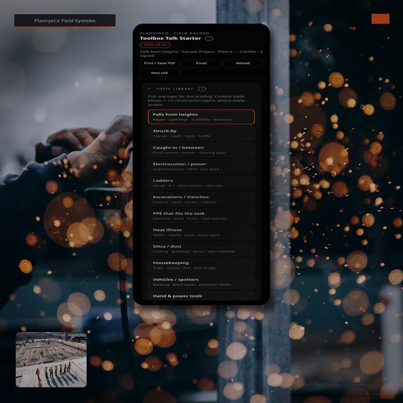 Op de afbeelding: Een digitale interface voor PlanvyaCo Field Systems met een Toolbox Talk Starter-menu. Het donkergekleurde scherm toont een lijst met veiligheidsonderwerpen voor de bouw, waaronder vallen van hoogte, beknelling, elektrocutie en ladders.