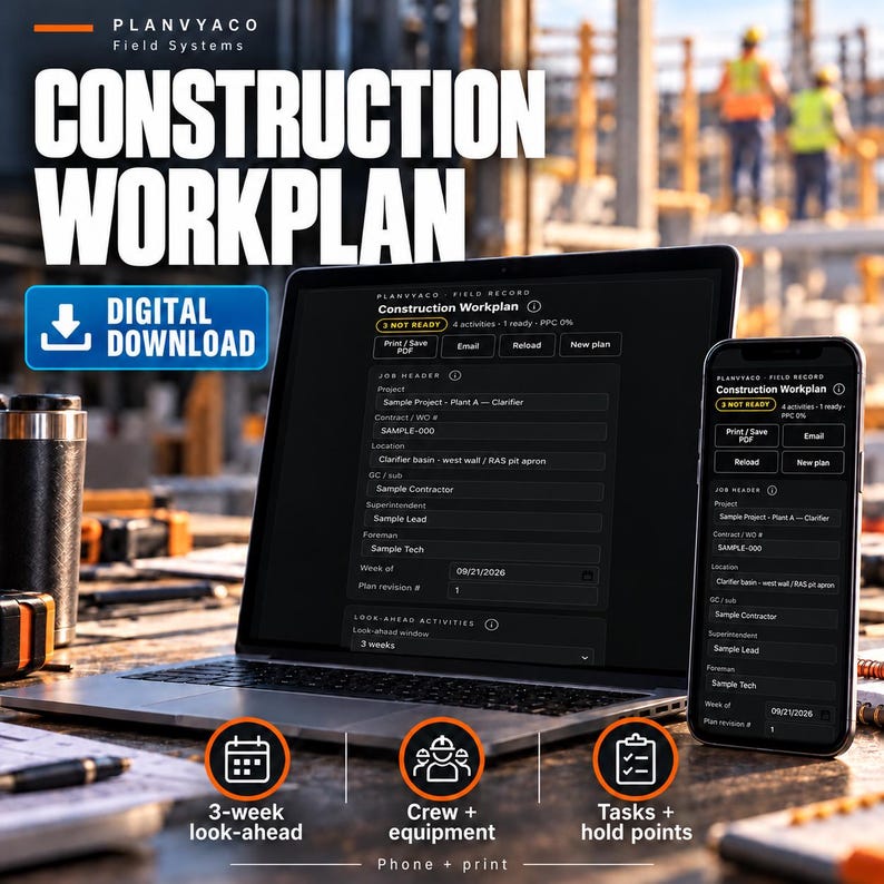 May include: A laptop and smartphone displaying the Planvyaco Field Systems Construction Workplan interface. The screen shows job header fields, project details, and look-ahead activities. Includes icons for 3-week look-ahead, crew and equipment, and tasks.