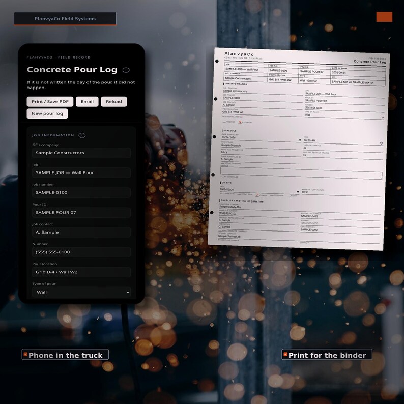 May include: A digital interface titled Concrete Pour Log on a black smartphone screen next to a printed white paper form with the same title. The screen displays job information fields, while the paper document shows detailed construction data.