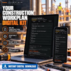 May include: A digital construction workplan kit displayed on a laptop and smartphone screen. The interface shows fields for project details, job headers, and look-ahead activities. Text includes Planvyaco Field Systems and Instant Digital Download.