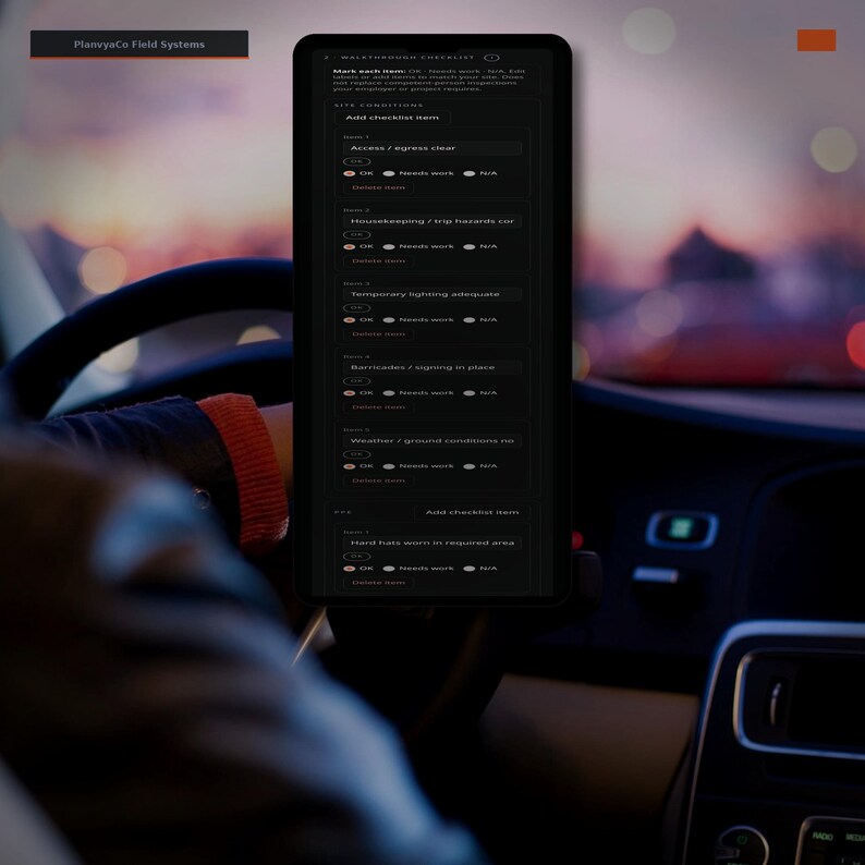 May include: A smartphone mounted in a vehicle displaying a dark-themed digital checklist titled Walkthrough Checklist. The interface includes items like Access/egress clear, Housekeeping, and Temporary lighting with radio buttons for OK, Needs work, or N/A.