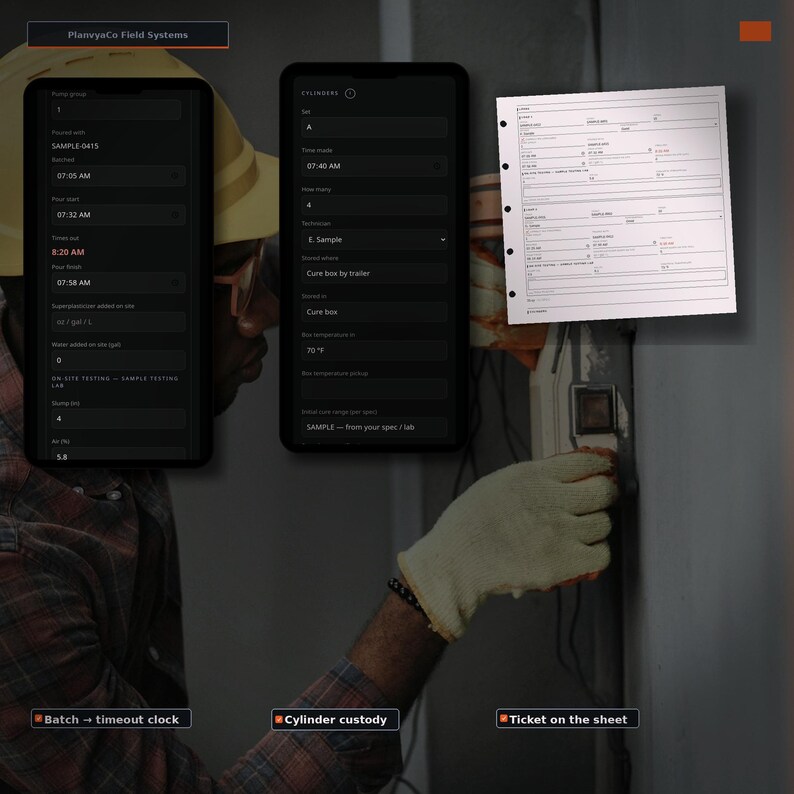 May include: A digital interface for PlanvyaCo Field Systems displayed on two smartphones, showing data fields for batch timing, cylinder custody, and a white paper ticket with printed forms, alongside a worker wearing a yellow hard hat and gloves.