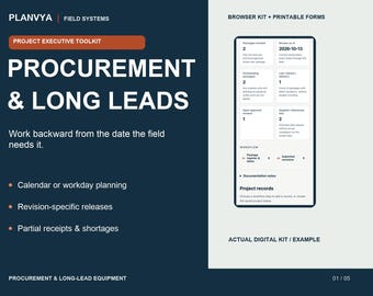 May include: A digital project executive toolkit titled PROCUREMENT & LONG LEADS by PLANVYA. The interface displays a browser kit with printable forms, tracking packages, review dates, and workflow documentation notes on a dark blue background.