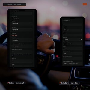 May include: Two dark-themed mobile application interfaces titled PlanvyaCo Field Systems. The left screen displays data fields for pump group, sample ID, batch times, and slump. The right screen shows cylinder data including set, time, technician, and box temperature.