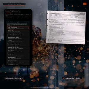 Op de afbeelding: Een digitale interface op een smartphonescherm met de titel Toolbox Talk Starter die een lijst met veiligheidsonderwerpen voor de bouw weergeeft, naast een geprint papieren document met de titel Toolbox Talk met projectdetails en procedures.