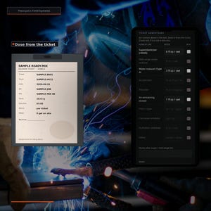 May include: A digital interface displaying a PlanvyaCo Field Systems delivery ticket and a ticket admixtures list. The ticket shows sample data including ticket number SAMPLE-8801, truck SAMPLE-0412, date 2026-09-24, job SAMPLE JOB, and mix SAMPLE MIX 4K.