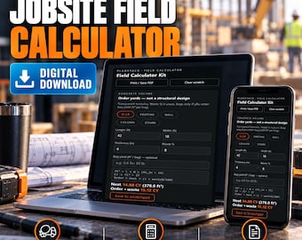May include: A digital download of the Planvyaco Field Calculator Kit displayed on a laptop and smartphone screen. The interface shows concrete volume calculation fields for slab, footing, wall, column, and stairs with input boxes for length, width, thickness, and waste percentage.