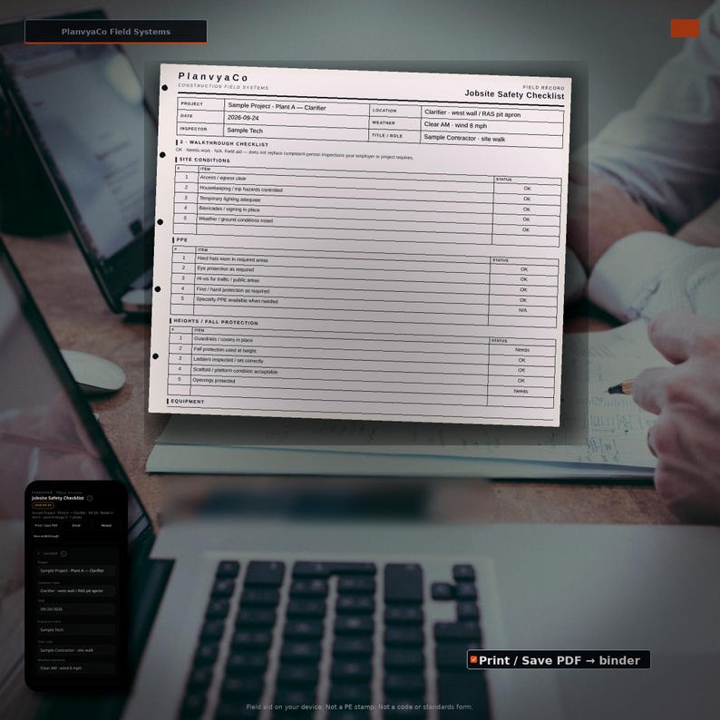 May include: A white paper Jobsite Safety Checklist form from PlanvyaCo with black text and grid lines. The document includes sections for project details, site conditions, PPE, and fall protection, with various status boxes marked as OK.