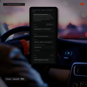 May include: A smartphone screen displaying the PlanvyaCo Field Systems interface with a dark theme. The app shows task steps, hazards, and controls for construction safety, including text about control hierarchy, engineering, and PPE requirements.