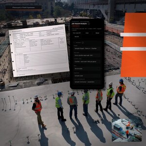 May include: A digital Job Hazard Analysis interface from PlanvyaCo Field Systems displayed on a smartphone screen, alongside a printed document version, featuring a construction site background with workers in high-visibility orange vests.
