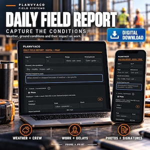 May include: A digital daily field report template by Planvyaco displayed on a laptop and smartphone screen. The interface includes fields for weather, ground conditions, work impact, and crew manpower, with a digital download icon visible.