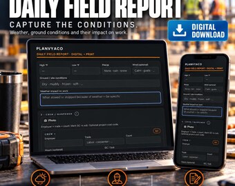 May include: A digital daily field report template by Planvyaco displayed on a laptop and smartphone screen. The interface includes fields for weather, ground conditions, work impact, and crew manpower, with a digital download icon visible.