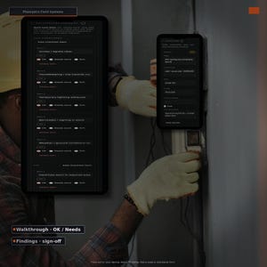 May include: A digital interface displaying the PlanvyaCo Field Systems app on two screens. The left screen shows a walkthrough checklist with items like access, housekeeping, and lighting. The right screen shows a findings report with a date of 09/24/2024.