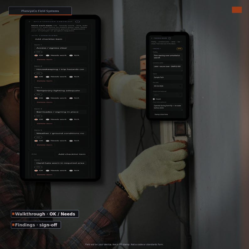 May include: A digital interface displaying the PlanvyaCo Field Systems app on two screens. The left screen shows a walkthrough checklist with items like access, housekeeping, and lighting. The right screen shows a findings report with a date of 09/24/2024.