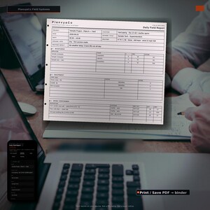 May include: A white paper document titled PlanvyaCo Daily Field Report with black text and grid lines. The form includes sections for project details, manpower, equipment, and work performed, with specific entries for dates, locations, and tasks.