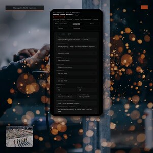 May include: A digital interface for PlanvyaCo Field Systems displaying a Daily Field Report. The dark-themed screen shows project details, location, date 09/24/2026, weather data with temperatures in Fahrenheit, and a small inset photo of a construction site.
