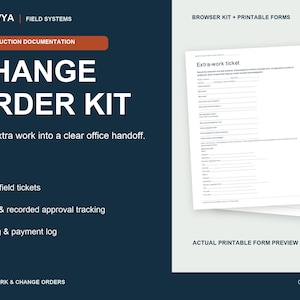 May include: A Planvya construction documentation change order kit featuring a stack of white printable forms titled Extra-work ticket. The dark blue graphic includes text listing T&M field tickets, cost and recorded approval tracking, and a billing and payment log.