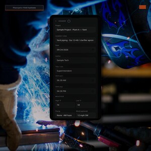 May include: A smartphone screen displaying the PlanvyaCo Field Systems header form with fields for project, location, date, author, role, shift times, and weather data including high and low temperatures, precipitation, and wind speed in mph.