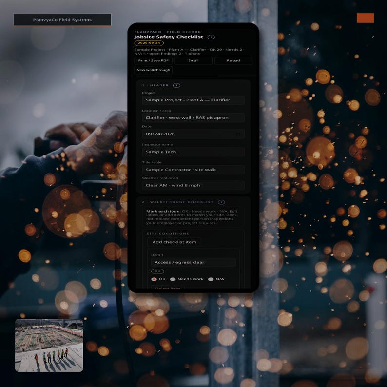 May include: A digital interface for a Jobsite Safety Checklist by PlanvyaCo Field Systems. The dark-themed screen displays project details, including Sample Project - Plant A, date 09/24/2026, and a walkthrough checklist with site conditions and status options.