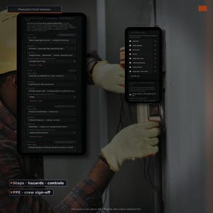 May include: A digital interface titled PlanvyaCo Field Systems displayed on two screens, showing task steps, hazards, and controls. The interface includes a PPE checklist with items like hard hat, safety glasses, and hi-vis vest, alongside a crew sign-off section.