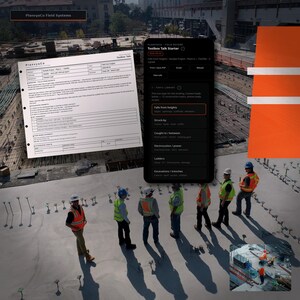 Op de afbeelding: Een digitale interface met de PlanvyaCo Toolbox Talk Starter-app naast een geprint veiligheidsformulier, geplaatst over een bouwplaats met werknemers in reflecterende vesten en veiligheidshelmen op een betonnen fundering.