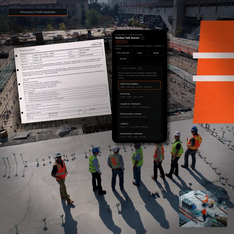 Op de afbeelding: Een digitale interface met de PlanvyaCo Toolbox Talk Starter-app naast een geprint veiligheidsformulier, geplaatst over een bouwplaats met werknemers in reflecterende vesten en veiligheidshelmen op een betonnen fundering.