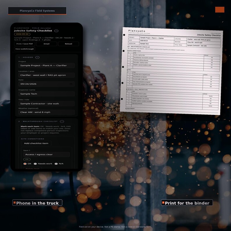 May include: A digital Jobsite Safety Checklist displayed on a dark-themed smartphone screen alongside a printed paper version of the same form, both featuring the PlanvyaCo logo and fields for project details, site conditions, and safety status.
