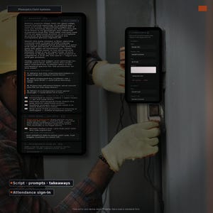 Op de afbeelding: Een digitale interface toont PlanvyaCo Field Systems met een briefing over valbeveiliging, discussievragen en kernpunten. Een tweede scherm toont een aanwezigheidsformulier met velden voor naam, werkgever, beroep en handtekening.