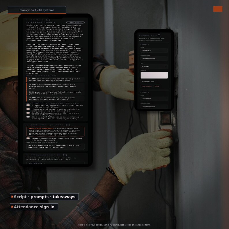 Op de afbeelding: Een digitale interface toont PlanvyaCo Field Systems met een briefing over valbeveiliging, discussievragen en kernpunten. Een tweede scherm toont een aanwezigheidsformulier met velden voor naam, werkgever, beroep en handtekening.