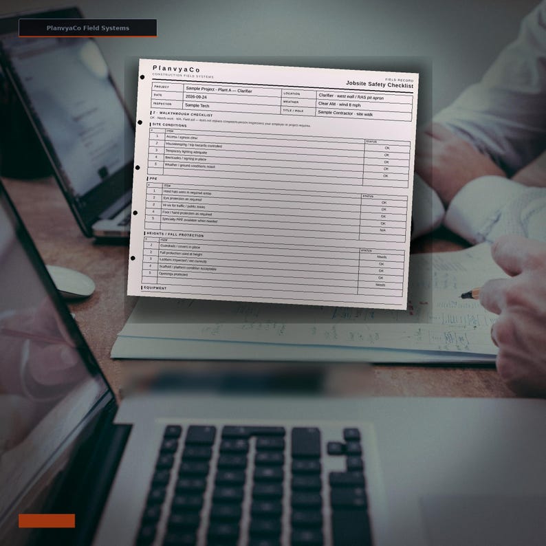 May include: A white paper Jobsite Safety Checklist form by PlanvyaCo with black text and grid lines. The document includes sections for project details, walkthrough checklist, PPE, and fall protection, with various status boxes marked as OK or Needs.