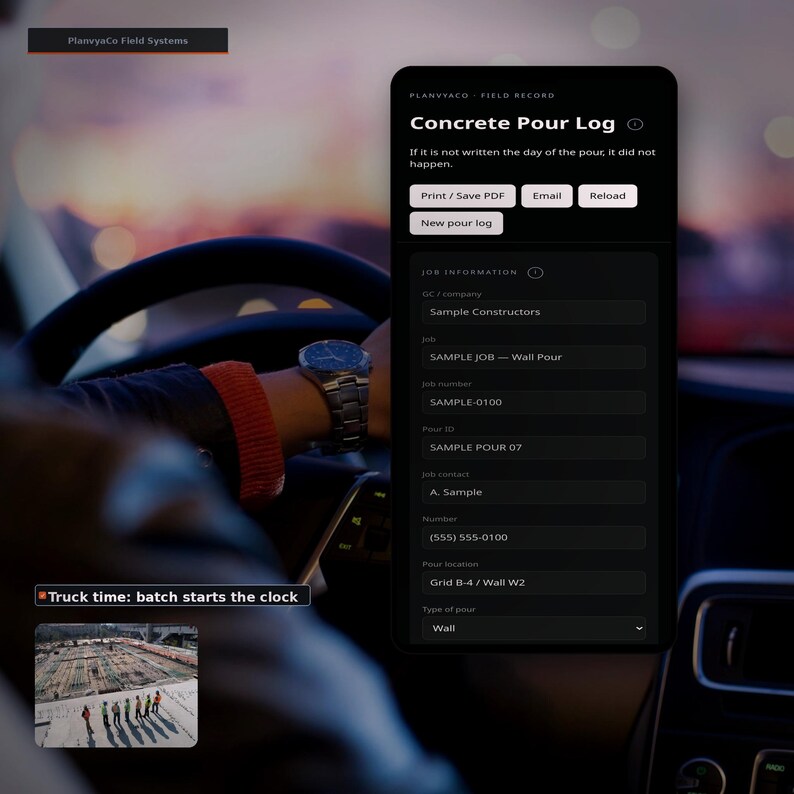 May include: A digital interface titled Concrete Pour Log on a mobile device screen. The form includes fields for GC/company, job, job number, pour ID, job contact, number, pour location, and type of pour, with buttons for Print/Save PDF, Email, and Reload.